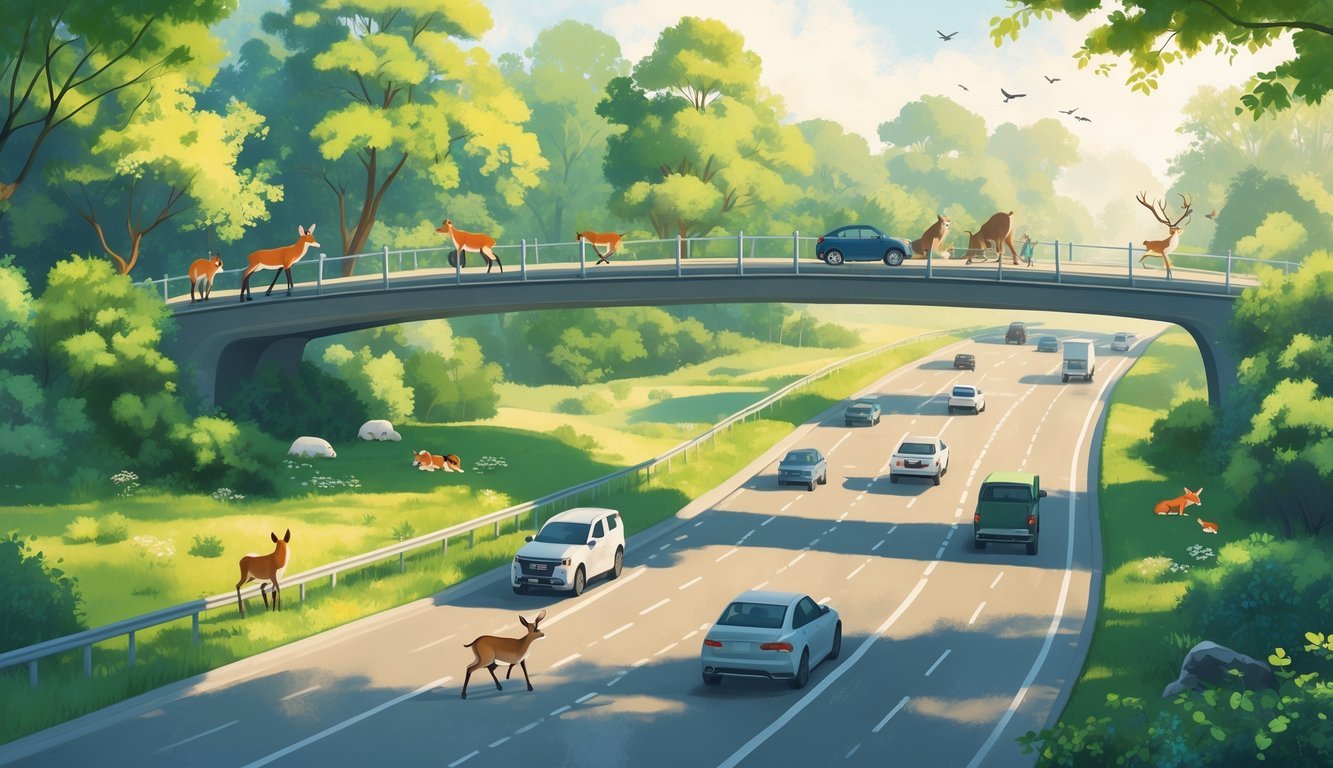 Wildlife bridges over busy highways with animals crossing safely amidst trees and vehicles below.