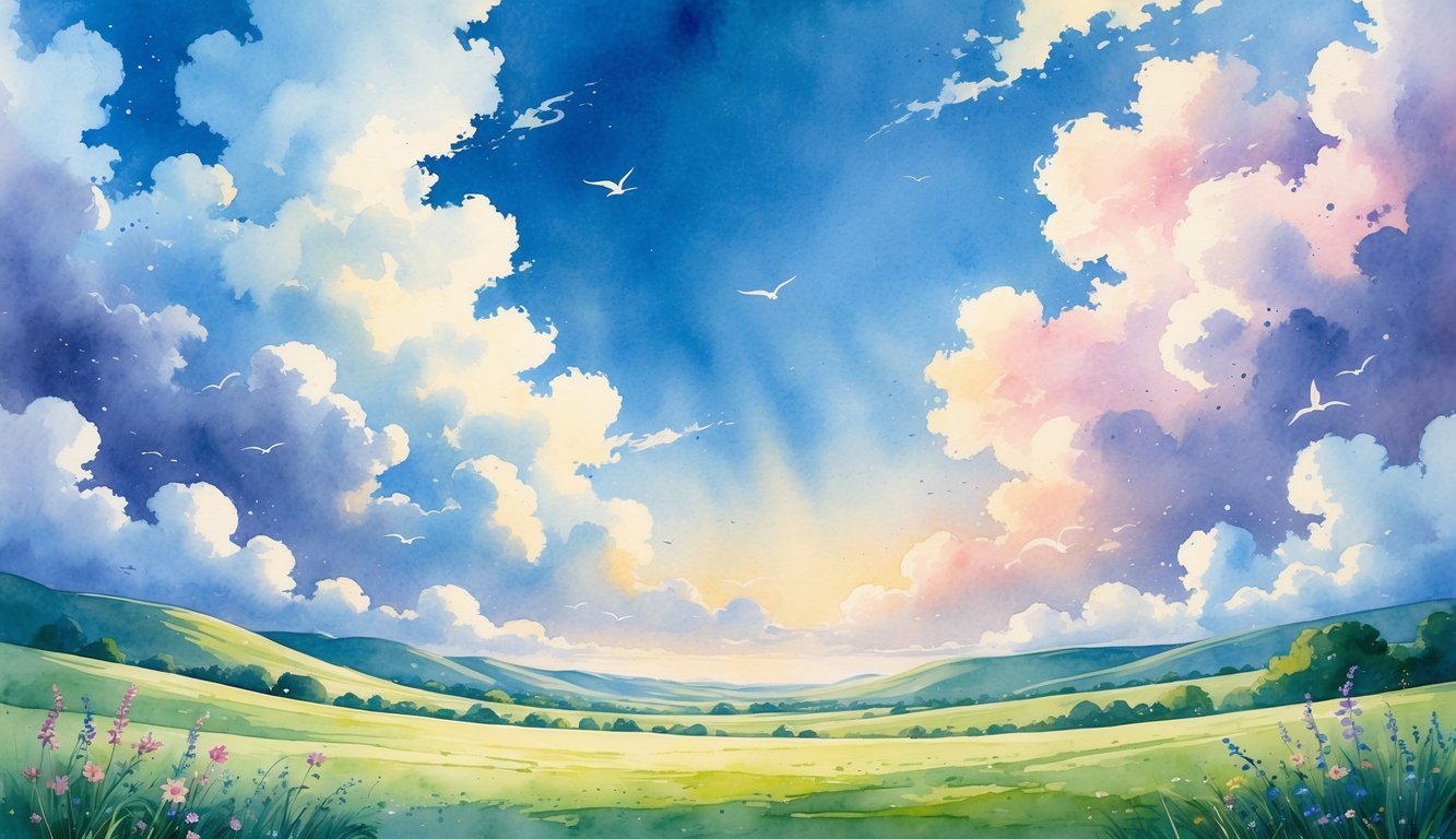 A peaceful landscape with rolling green hills, colorful wildflowers, and birds flying under a vast sky filled with soft clouds.