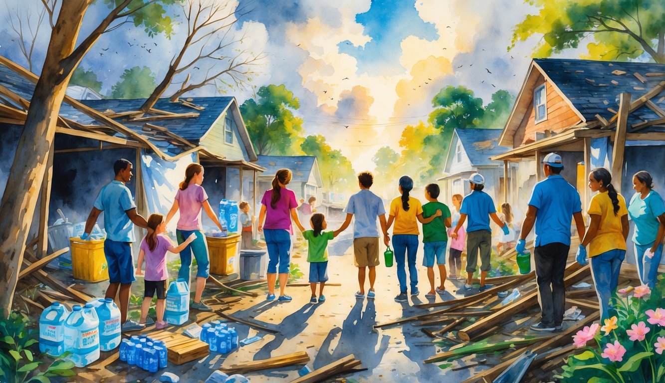 A group of people helping each other and working together in a neighborhood affected by a natural disaster.