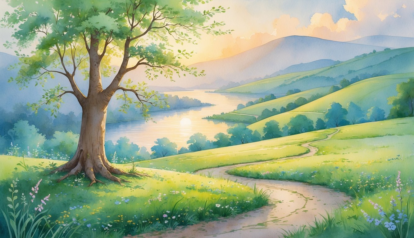 A peaceful sunrise over a hill with a strong tree, a winding path through wildflowers, and a calm river in the background.