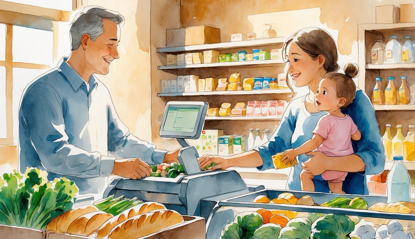 A man pays for a young mother's groceries while she holds her child in a grocery store checkout line.