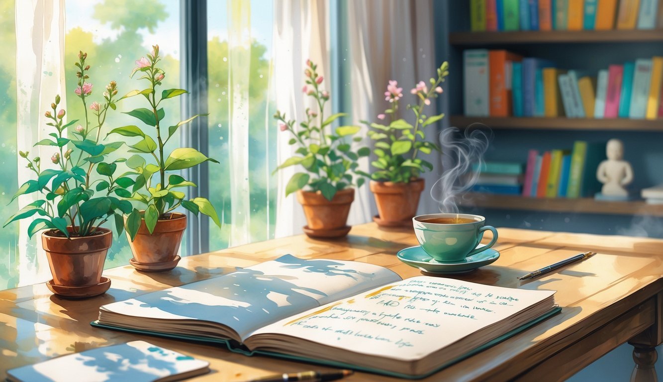 A peaceful workspace with a wooden desk, an open notebook, a cup of tea, potted plants, and a bookshelf in soft natural light.