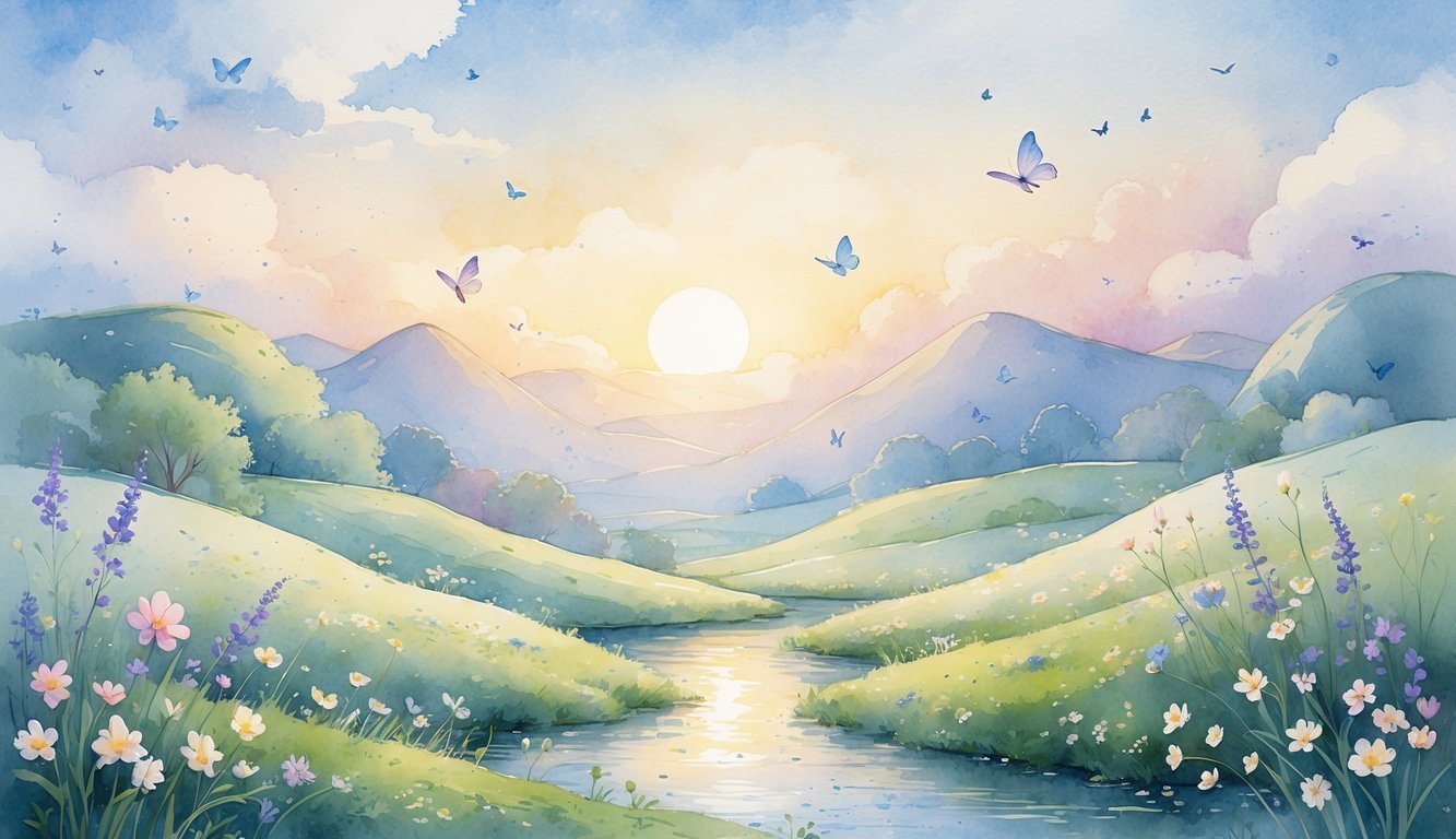 A peaceful morning landscape with a rising sun, rolling hills, blooming flowers, butterflies, birds, and a small stream.