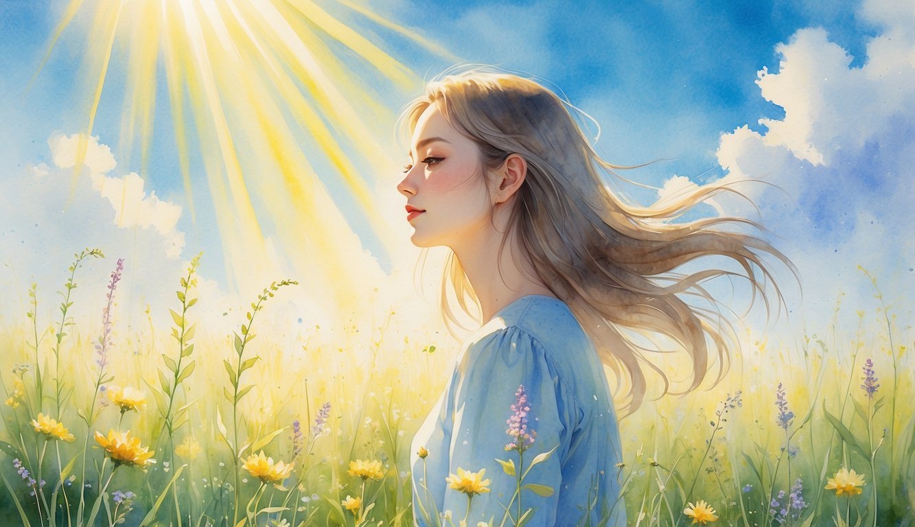 A woman standing in a sunlit meadow with wildflowers, facing the bright sun while shadows fall behind her.
