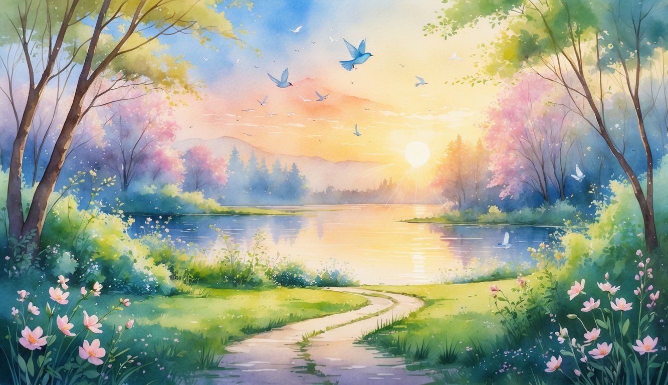 A peaceful sunrise over a calm lake with trees, flowers, a winding path, birds flying, and butterflies among blossoms.
