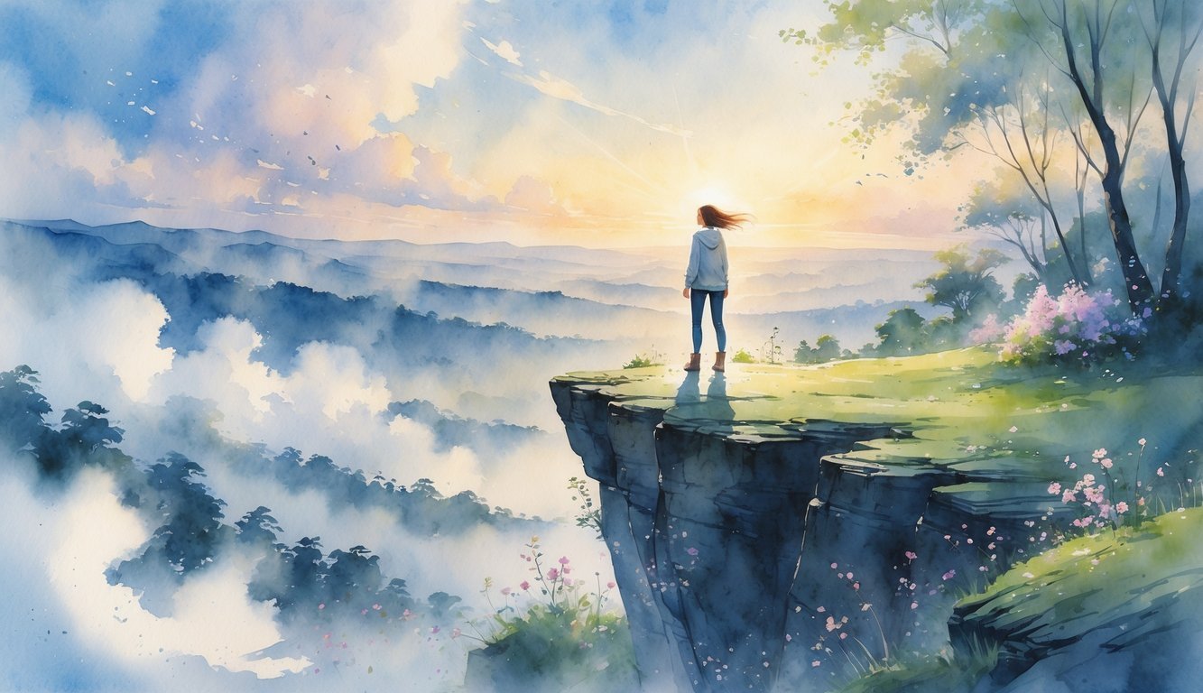 A person standing on a cliff overlooking a misty valley at sunrise, surrounded by flowers and mountains.