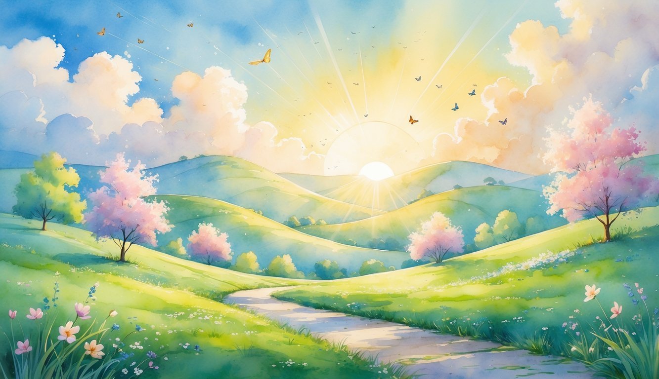 A peaceful sunrise over rolling hills with blooming wildflowers, a winding path, and birds flying in the sky.