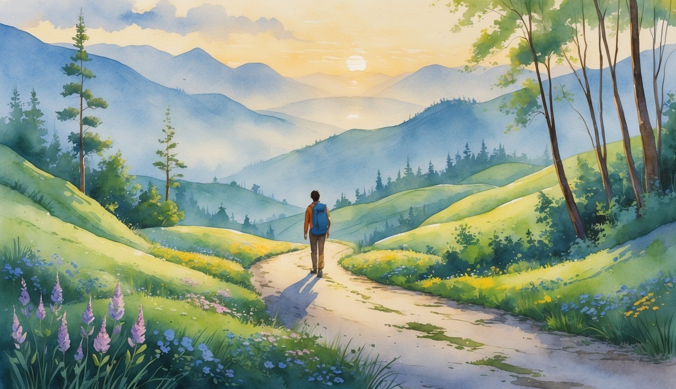 A lone traveler walking along a winding mountain path surrounded by hills, flowers, and trees with the sun rising behind distant peaks.