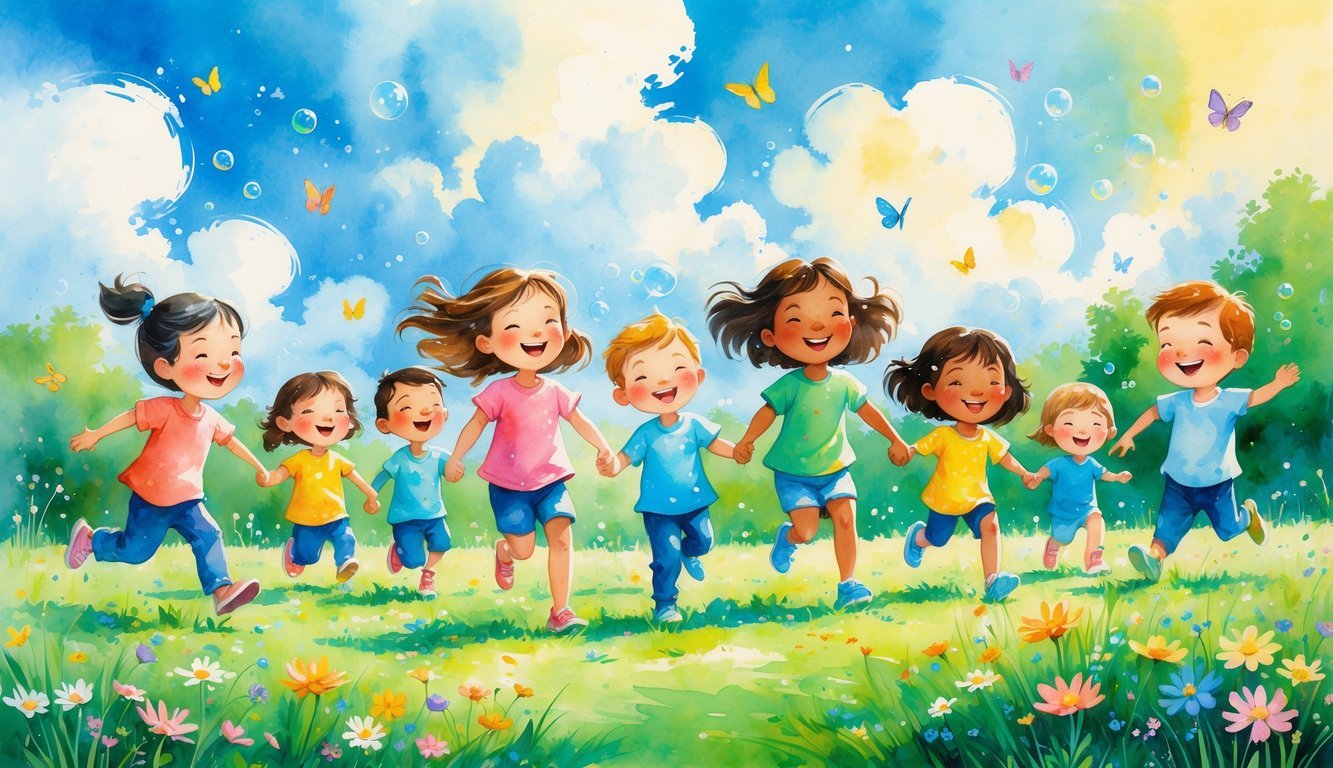 A group of children playing and laughing together in a sunny meadow filled with wildflowers.