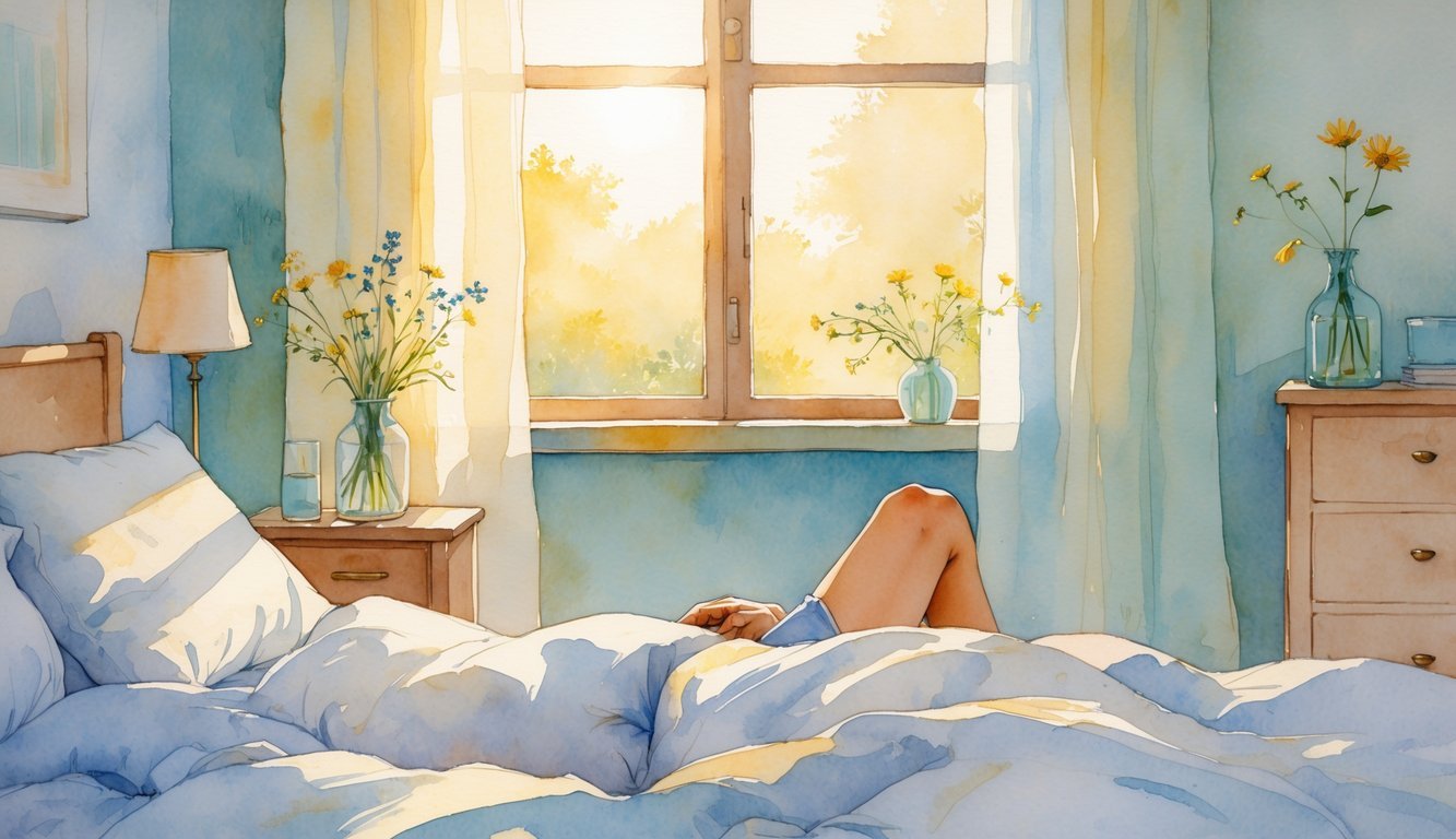 A person sitting up in bed with sunlight streaming through a window, a vase of wildflowers on a bedside table, creating a peaceful morning scene.