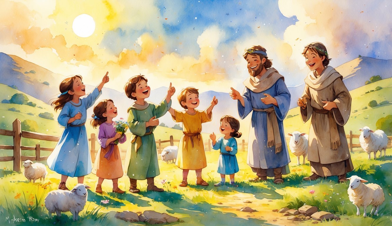 A group of children and shepherds outdoors at dawn, sharing joyful expressions and holding simple gifts, surrounded by sheep and rolling hills.