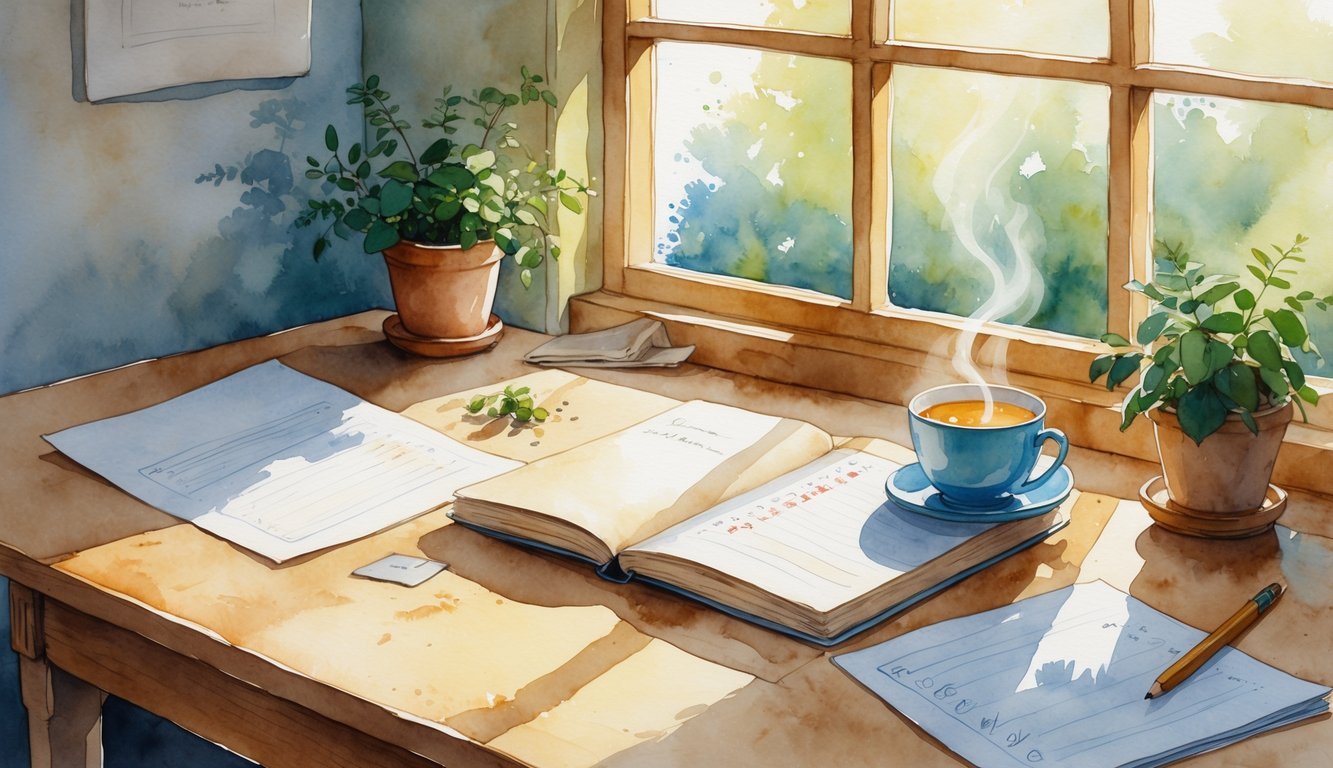 A person sitting at a sunlit desk with an open notebook showing a completed checklist, a cup of tea, and a small plant nearby.