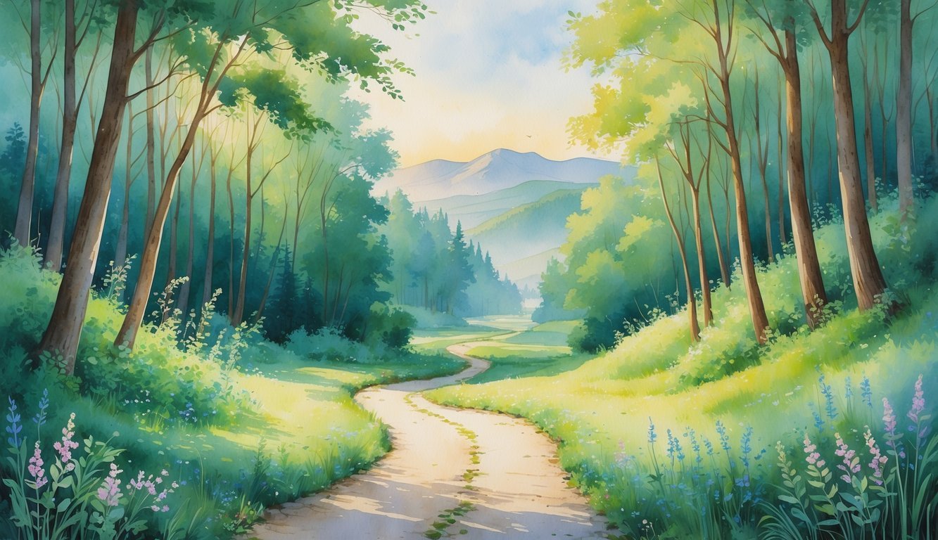 A winding path through a green forest with sunlight filtering through the trees, wildflowers along the path, and mountains in the distance under a calm sky.