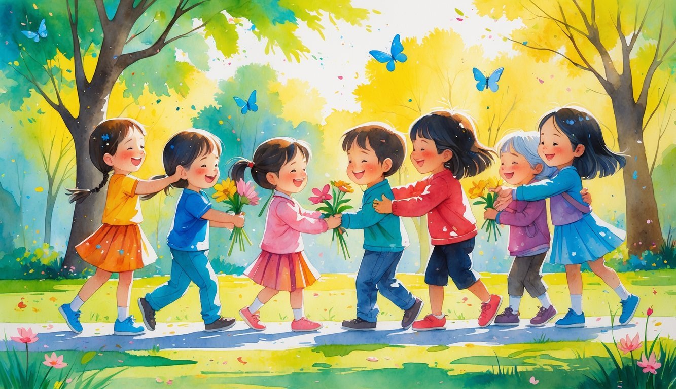 Children sharing flowers, helping an elderly person, and hugging each other outdoors in a sunny park, expressing happiness and kindness.