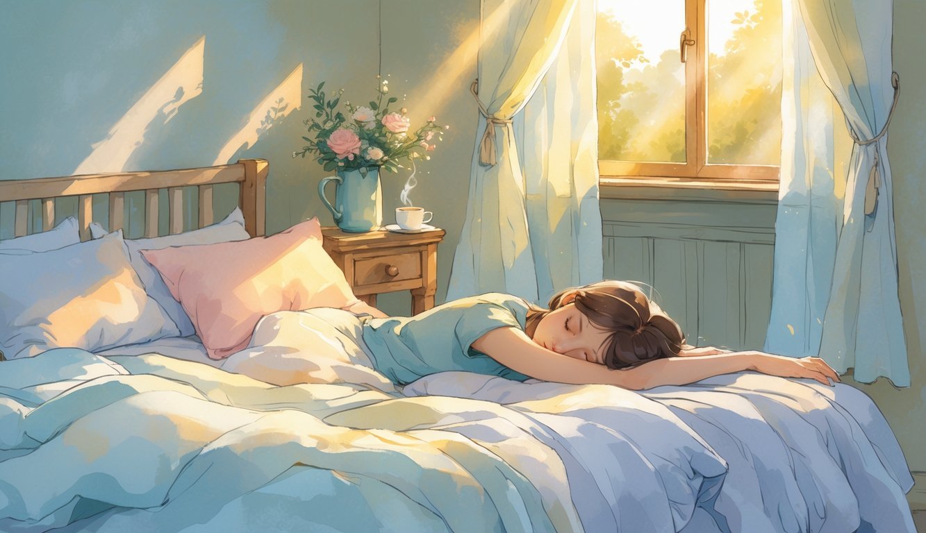 A person sitting on the edge of a bed in a sunlit bedroom, stretching and looking peaceful and refreshed.