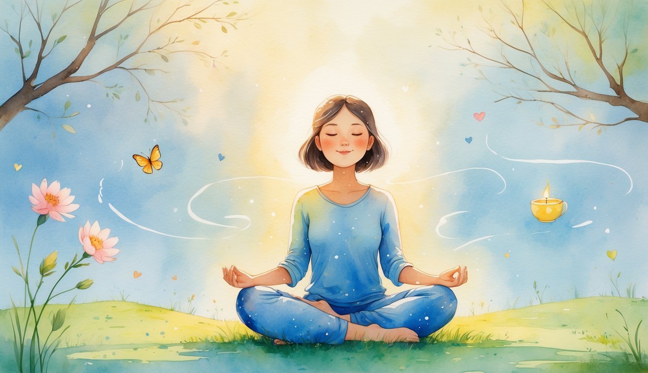 A person sitting peacefully on grass meditating outdoors surrounded by flowers, butterflies, and soft sunlight.