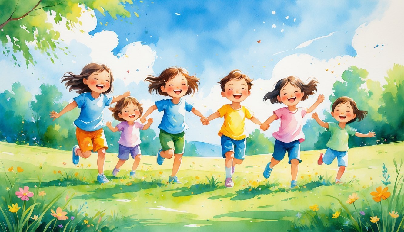 A group of children happily playing together outdoors in a sunny meadow surrounded by trees and flowers.