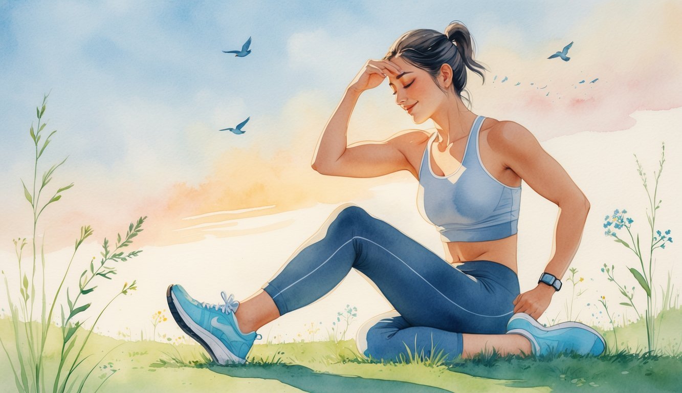 A person finishing a workout outdoors at sunrise, stretching and looking peaceful surrounded by grass and wildflowers.