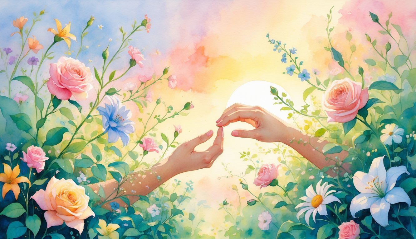 Two hands reaching towards each other surrounded by blooming flowers and soft morning light in a peaceful garden.