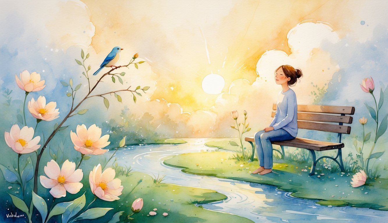 A person sitting peacefully on a bench in a garden at sunrise, surrounded by blooming flowers and a small bird on a branch.