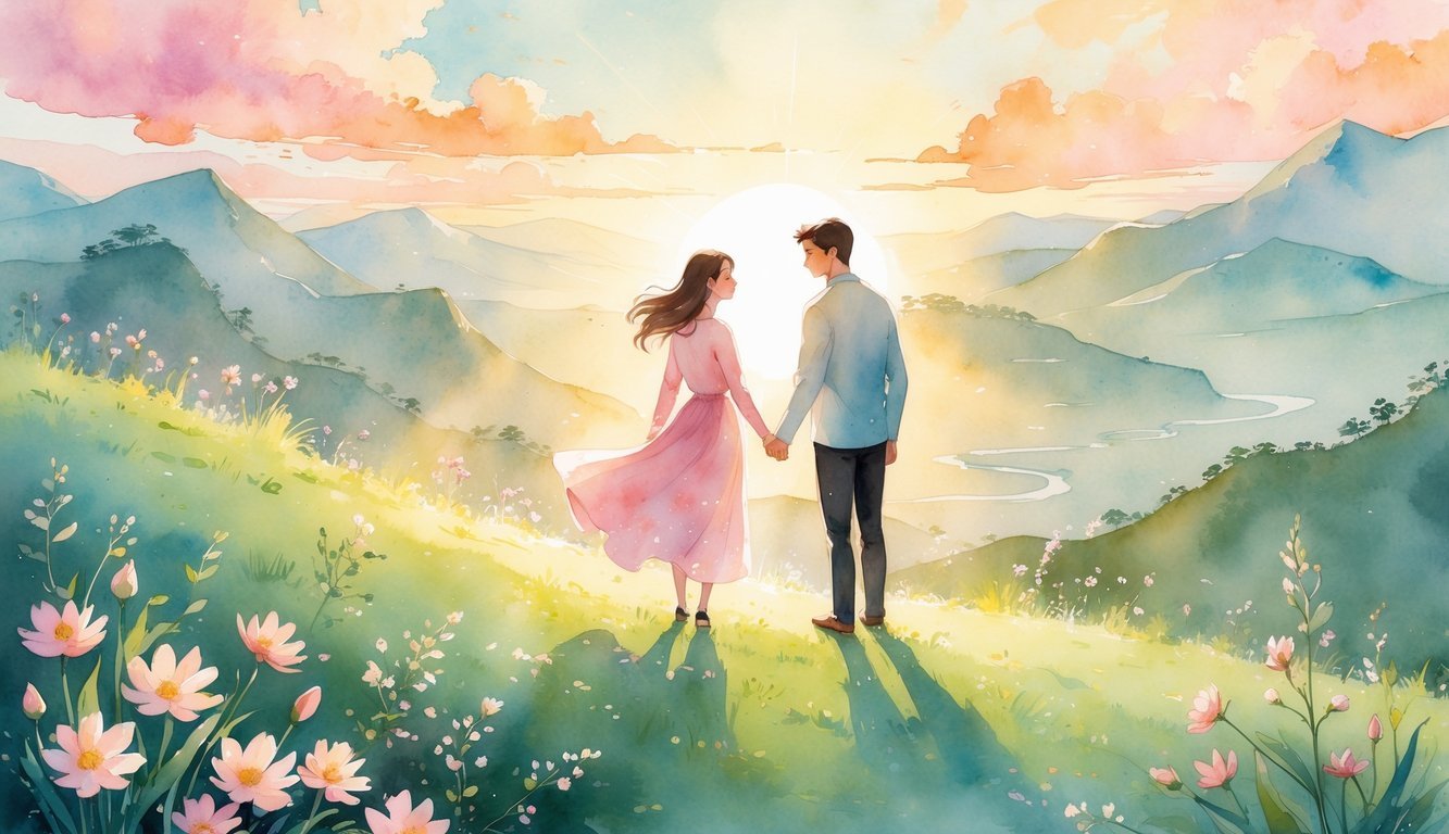 A couple holding hands on a hilltop at sunrise, surrounded by flowers, mountains, and rivers, symbolizing love overcoming challenges.