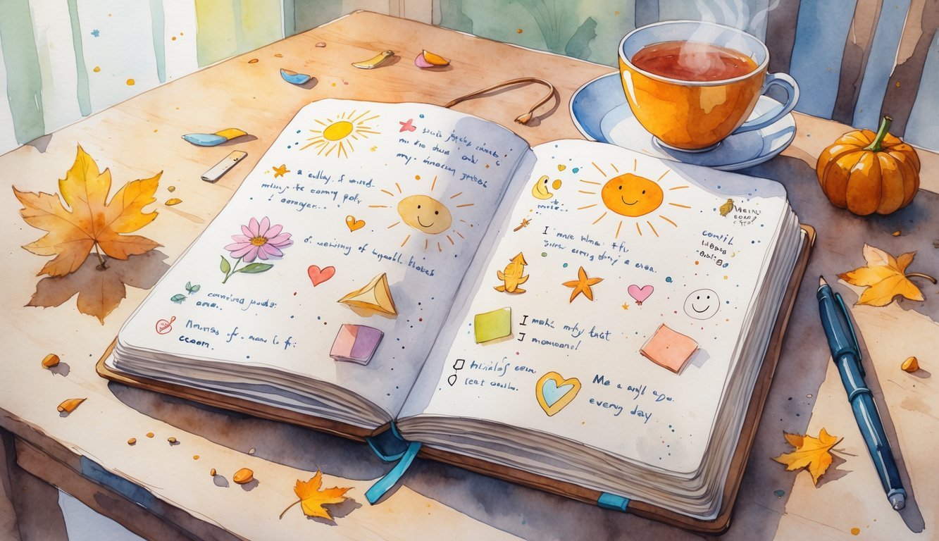 An open journal on a wooden table with drawings of small achievements, a cup of tea, a pen, and autumn leaves nearby.