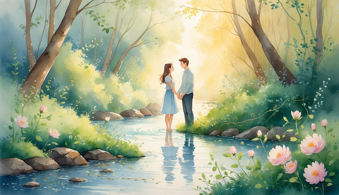 A couple holding hands by a riverbank surrounded by flowers and trees, looking at each other with gentle smiles.