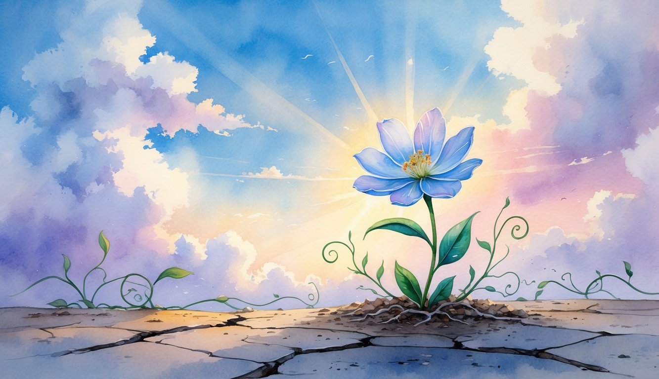 A blooming flower growing through cracked earth under a soft glowing sky with gentle clouds and light rays.