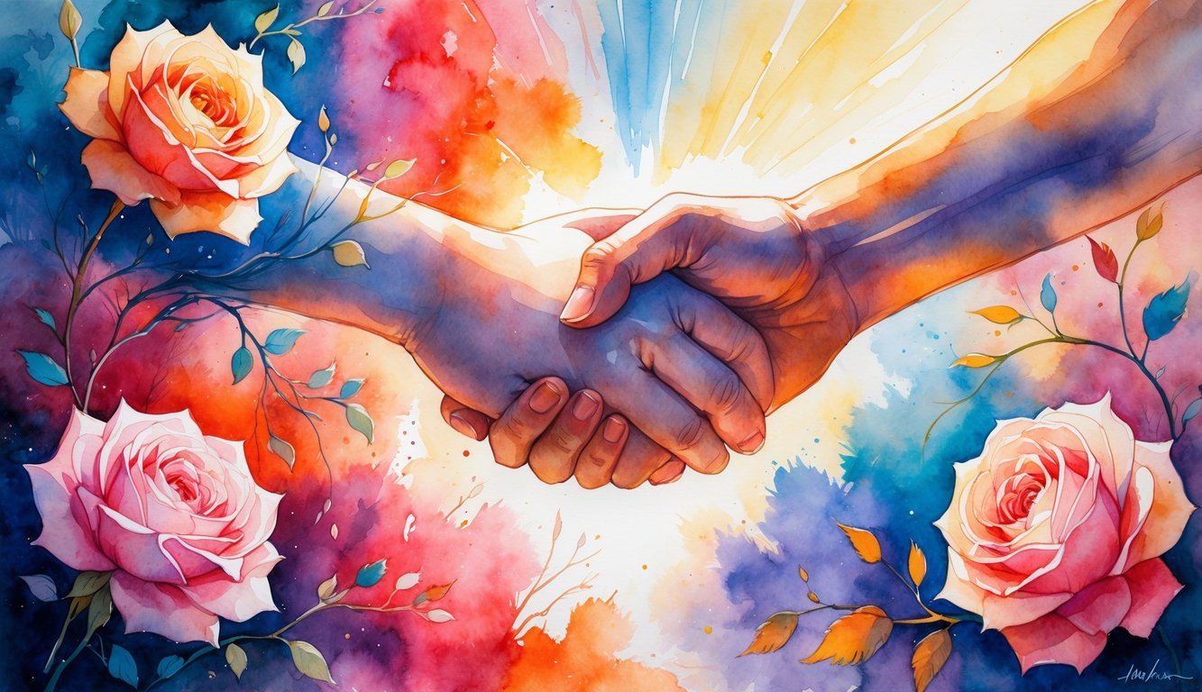 Two hands tightly holding each other surrounded by blooming roses and vines with warm and cool colors blending in the background.