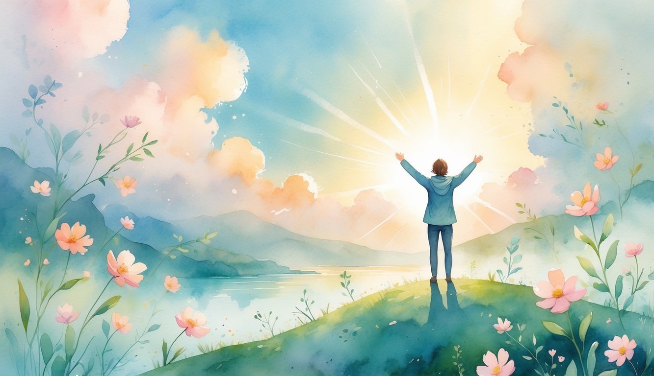A person standing on a hill at sunrise surrounded by blooming flowers, gentle leaves, and soft light rays with mountains and a river in the background.