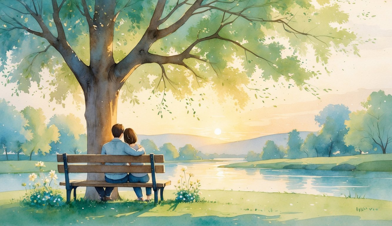 Two people sitting closely on a park bench under a tree, one comforting the other with an arm around their shoulder, surrounded by flowers and a calm river in the background.