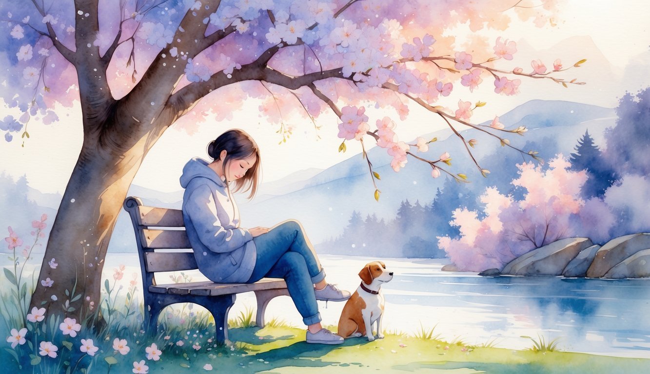 A person sitting quietly on a bench under a blooming tree, with a small dog nearby and a calm river and mountains in the background.