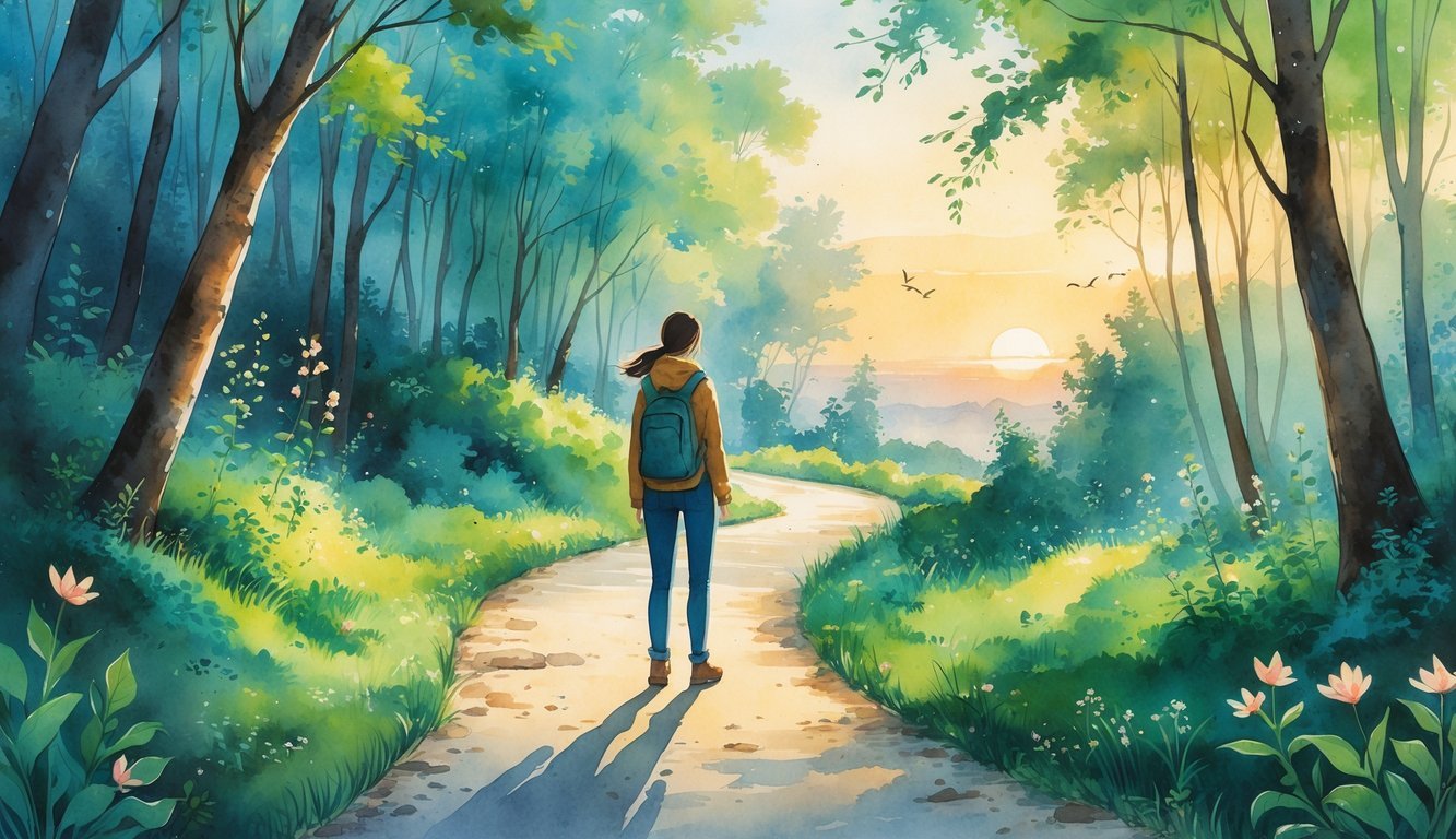 A person stands at the start of a winding forest path surrounded by trees and flowers, looking ahead toward a sunrise on the horizon.