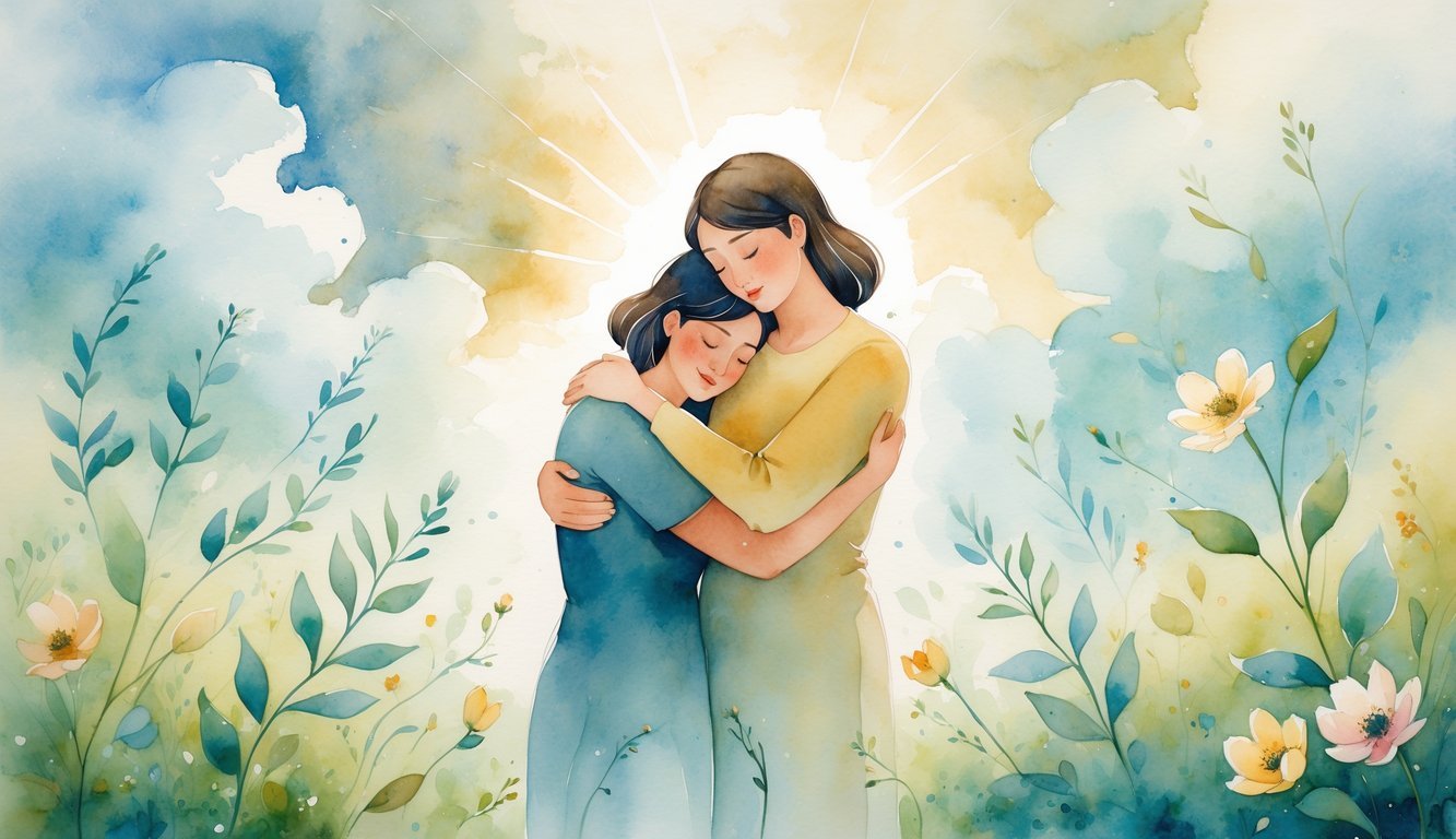 Two people embracing with one offering comfort, surrounded by blooming flowers and soft light, conveying support and hope.