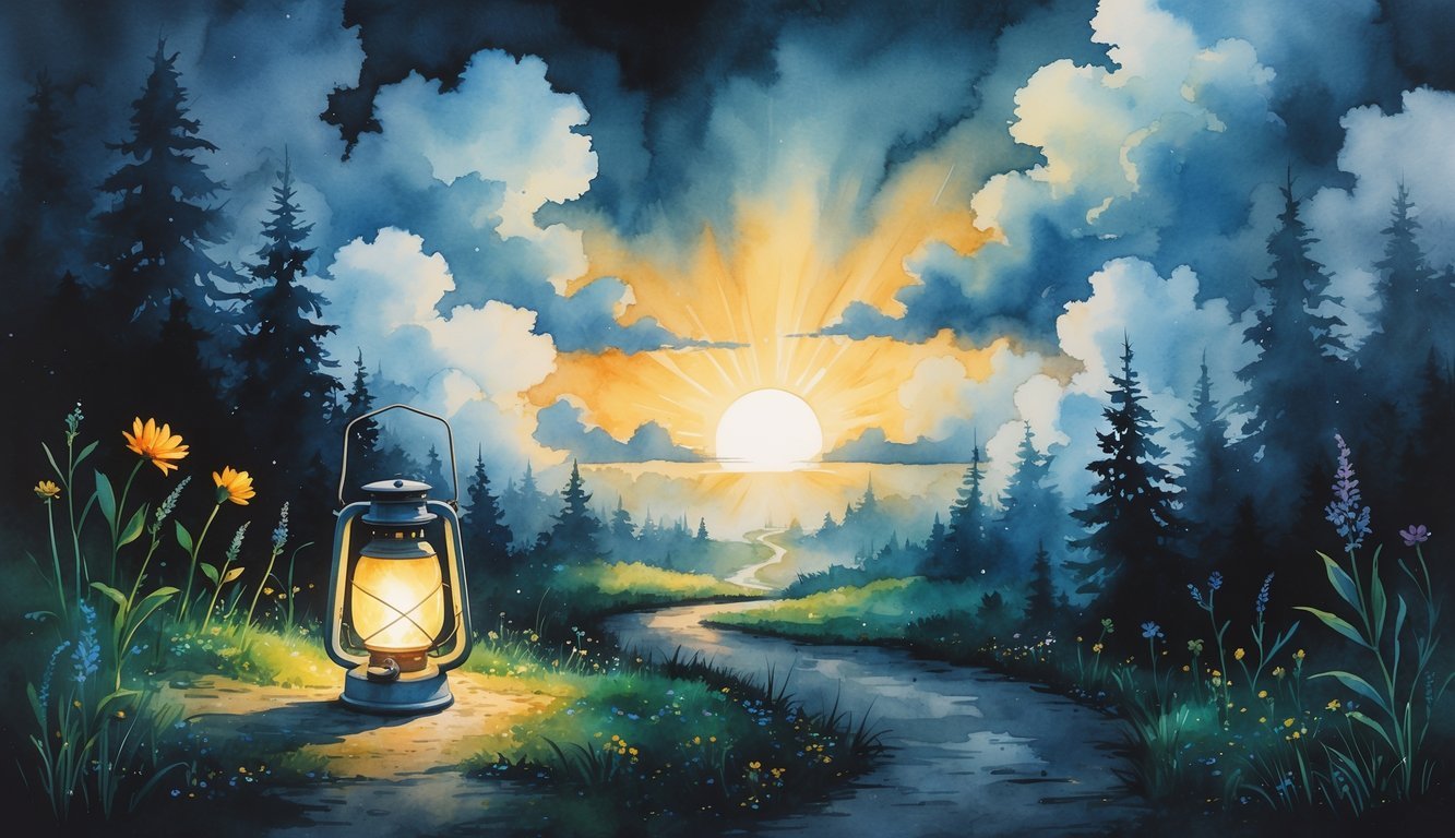 A glowing lantern lights a path through a dark forest toward a bright sunrise, with colorful wildflowers along the way.