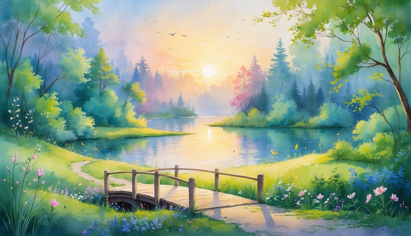 A peaceful sunrise over a calm lake with a winding path leading into a green forest, birds flying, and fresh leaves on trees.