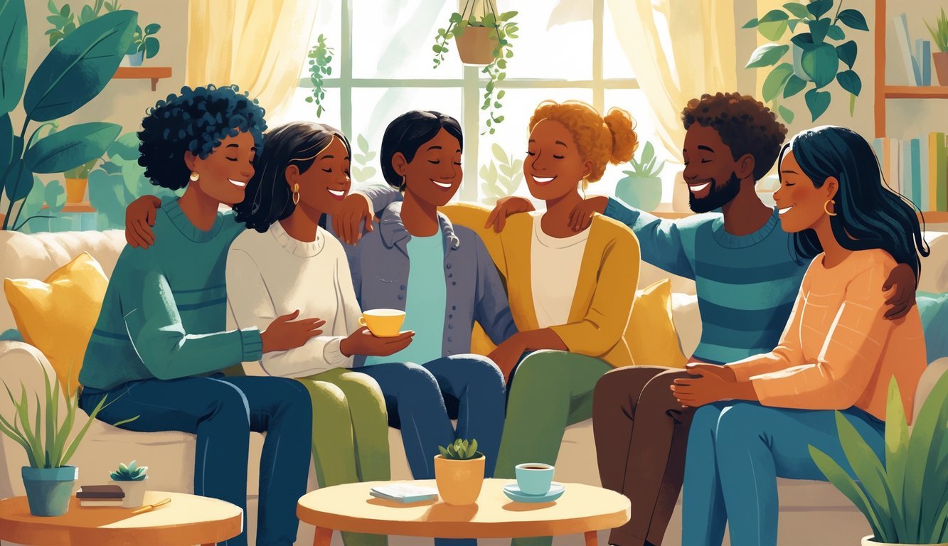 A group of people sitting together in a cozy room, sharing smiles and comforting each other.