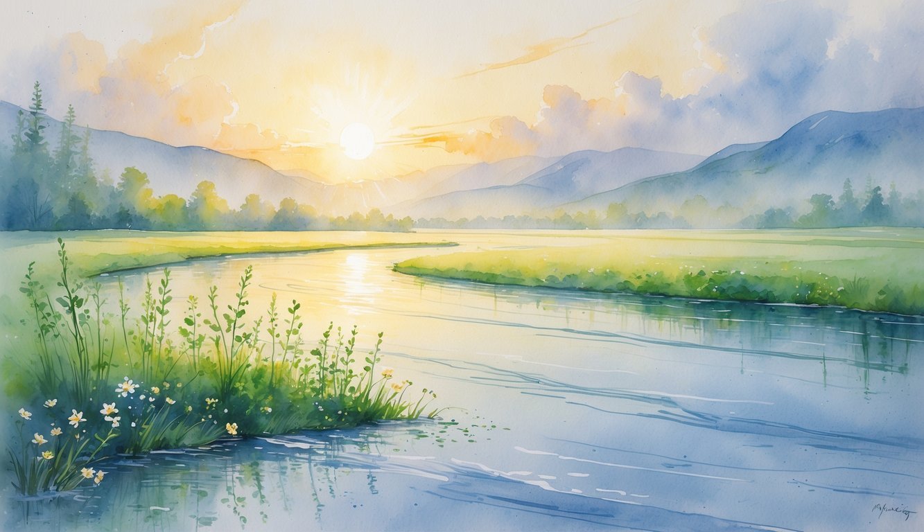 A peaceful sunrise over a flowing river with blooming flowers and green shoots along the bank, mountains in the distance.