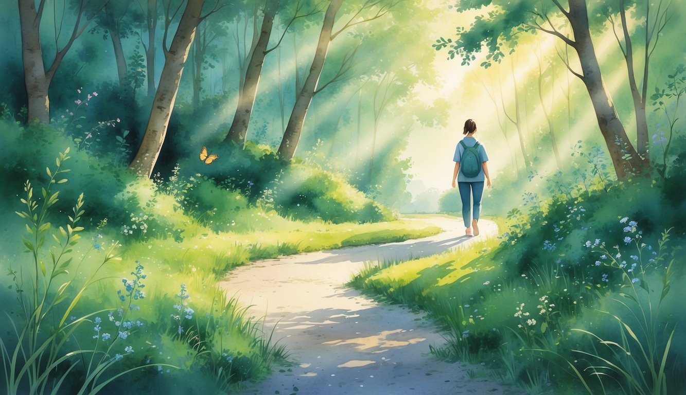 A person walking on a forest path surrounded by trees, flowers, and sunlight filtering through the leaves.