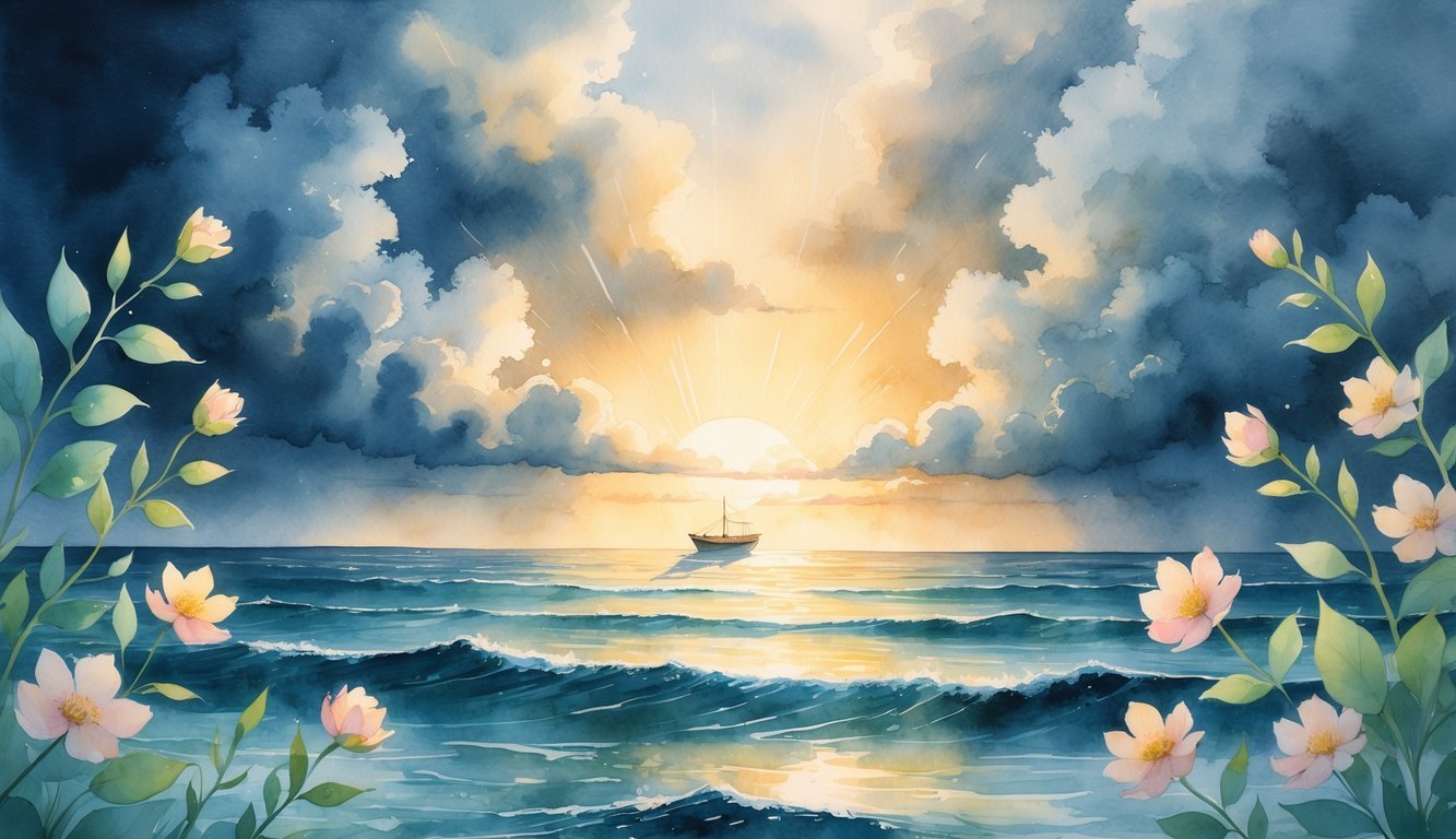 A small boat sailing on a calm sea as sunlight breaks through dark clouds, surrounded by blooming flowers and leaves.