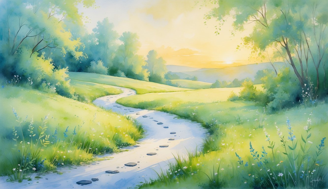 A winding path through green meadows and wildflowers leading toward a warm sunrise over gentle hills and trees.