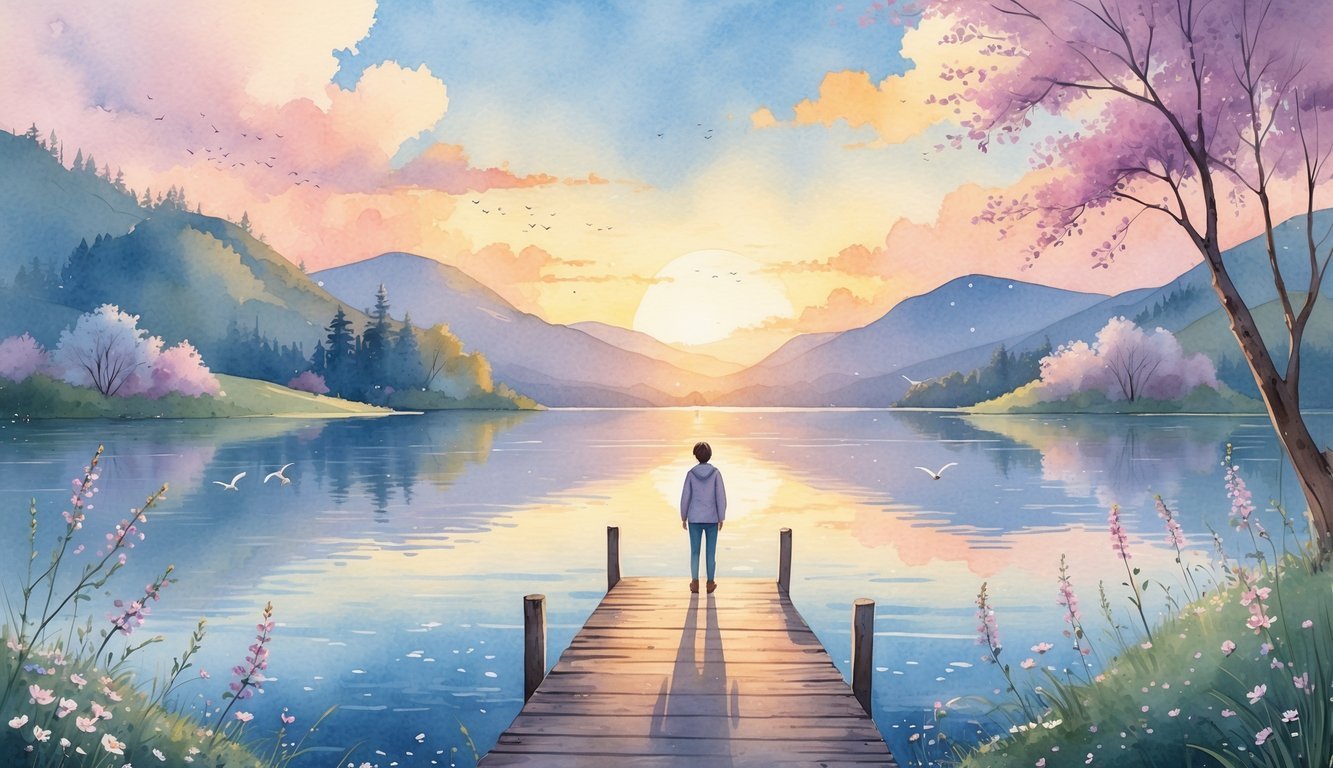 A person standing on a wooden dock overlooking a calm lake at sunrise, surrounded by hills, trees, and blooming flowers.