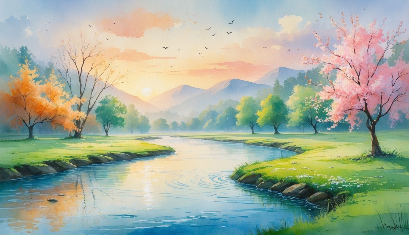 A peaceful river flowing through a valley with autumn leaves falling on one side and spring blossoms blooming on the other, birds flying under a sunrise sky with mountains in the background.