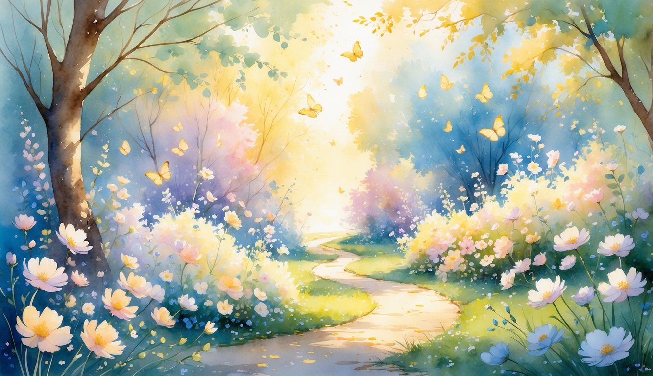 A peaceful garden with blooming flowers, butterflies, and sunlight filtering through trees.