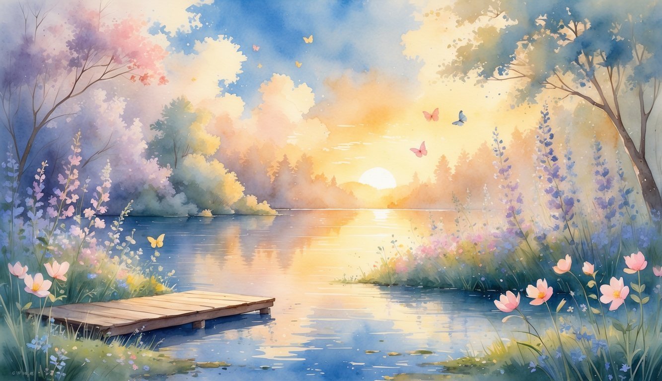 A peaceful lakeside scene at sunrise with blooming wildflowers, butterflies, and a small wooden dock extending into the calm water.