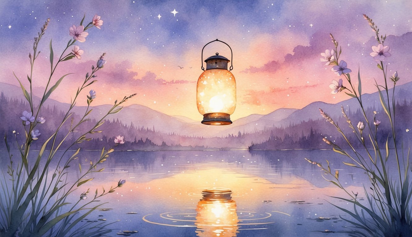A glowing lantern floats above a calm lake at twilight, surrounded by flowers and grasses with mountains and stars in the background.