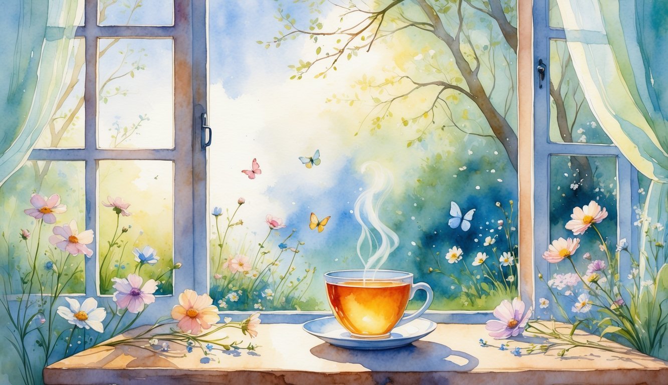 A peaceful morning scene with a cup of tea on a wooden table by a window overlooking a garden with flowers and butterflies in sunlight.