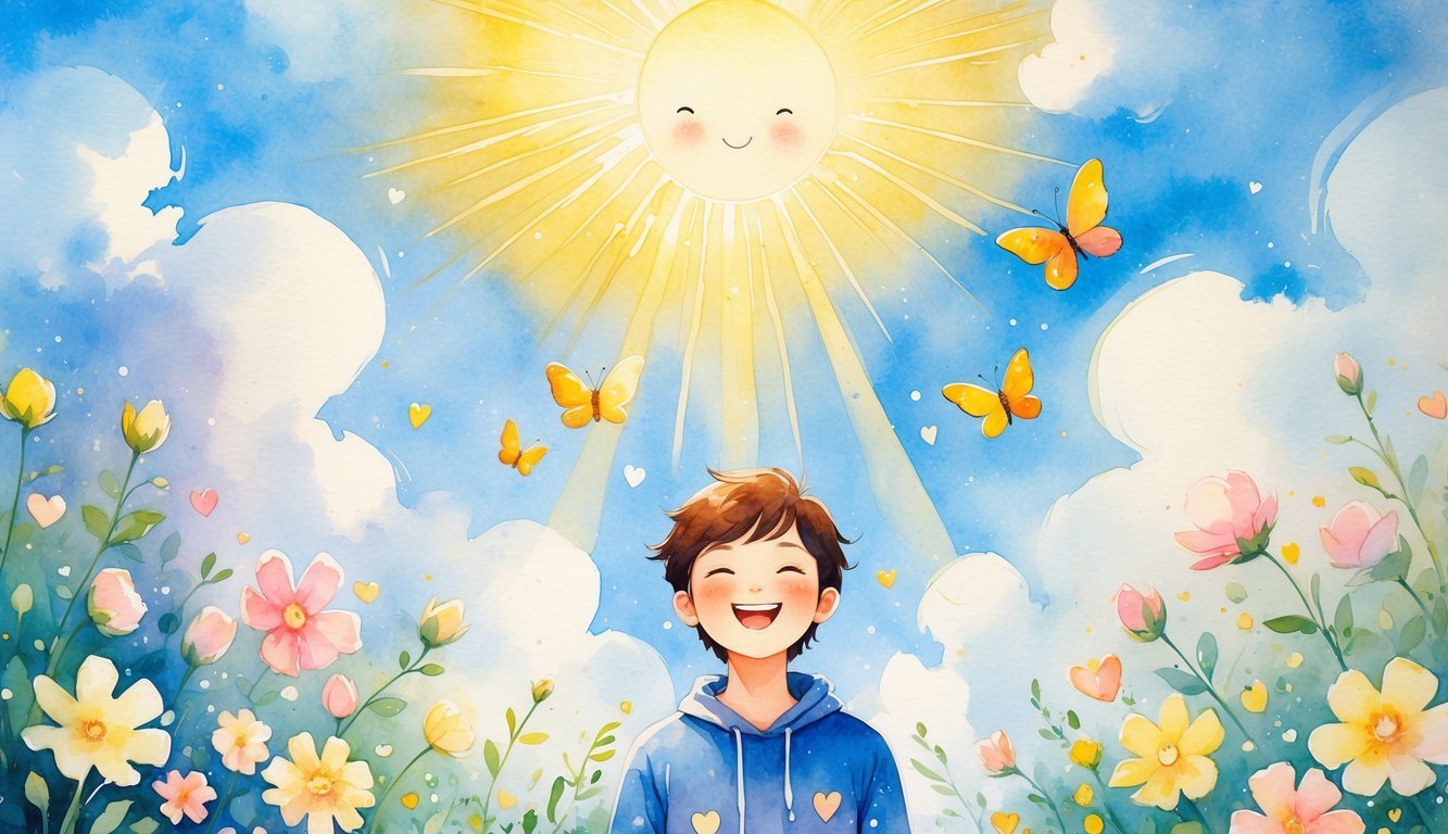 A smiling person surrounded by flowers, butterflies, and soft sunlight in a peaceful garden.