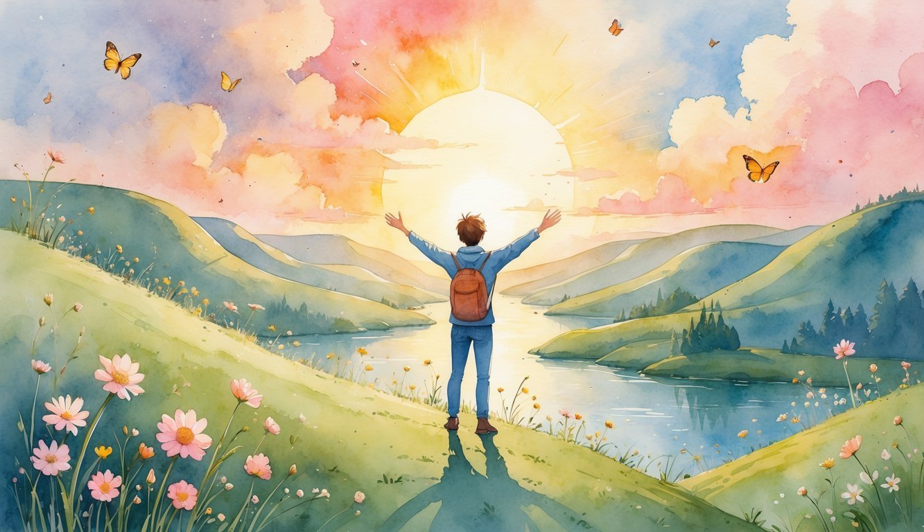 A person standing on a hill with arms outstretched towards a bright sunrise, surrounded by flowers, butterflies, hills, and a calm river.