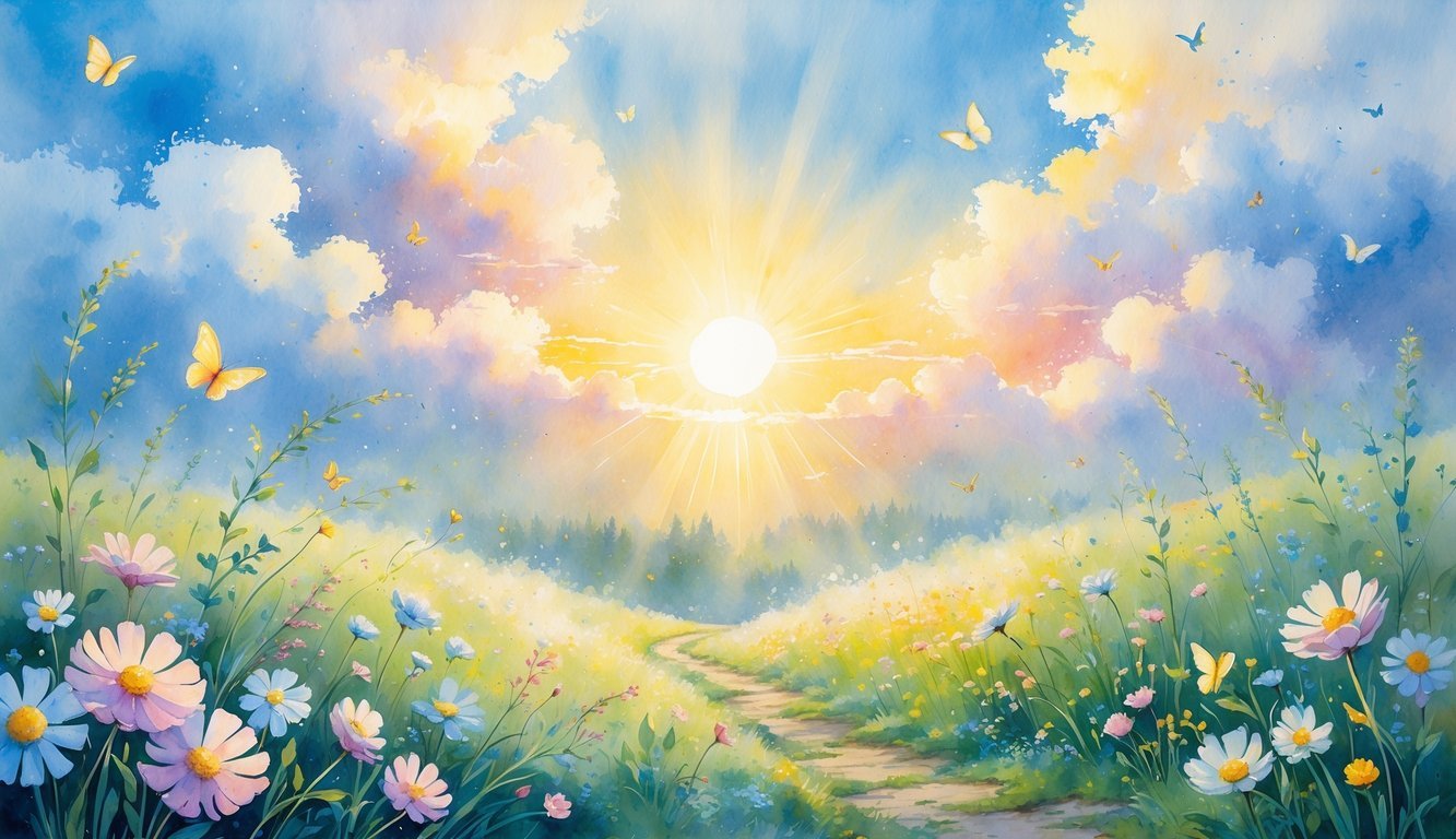 A peaceful sunrise over a meadow with colorful wildflowers, a winding path, butterflies, and birds.